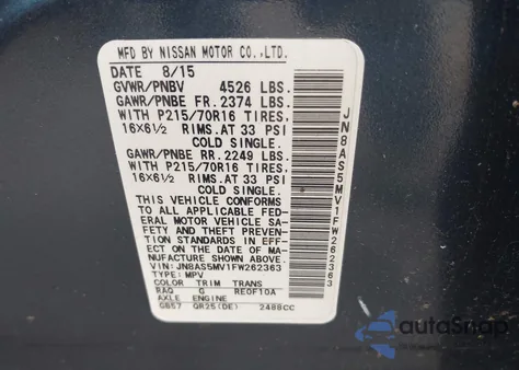 2015 Nissan Rogue Select S from USA, damaged, VIN JN8AS5MV1FW262363